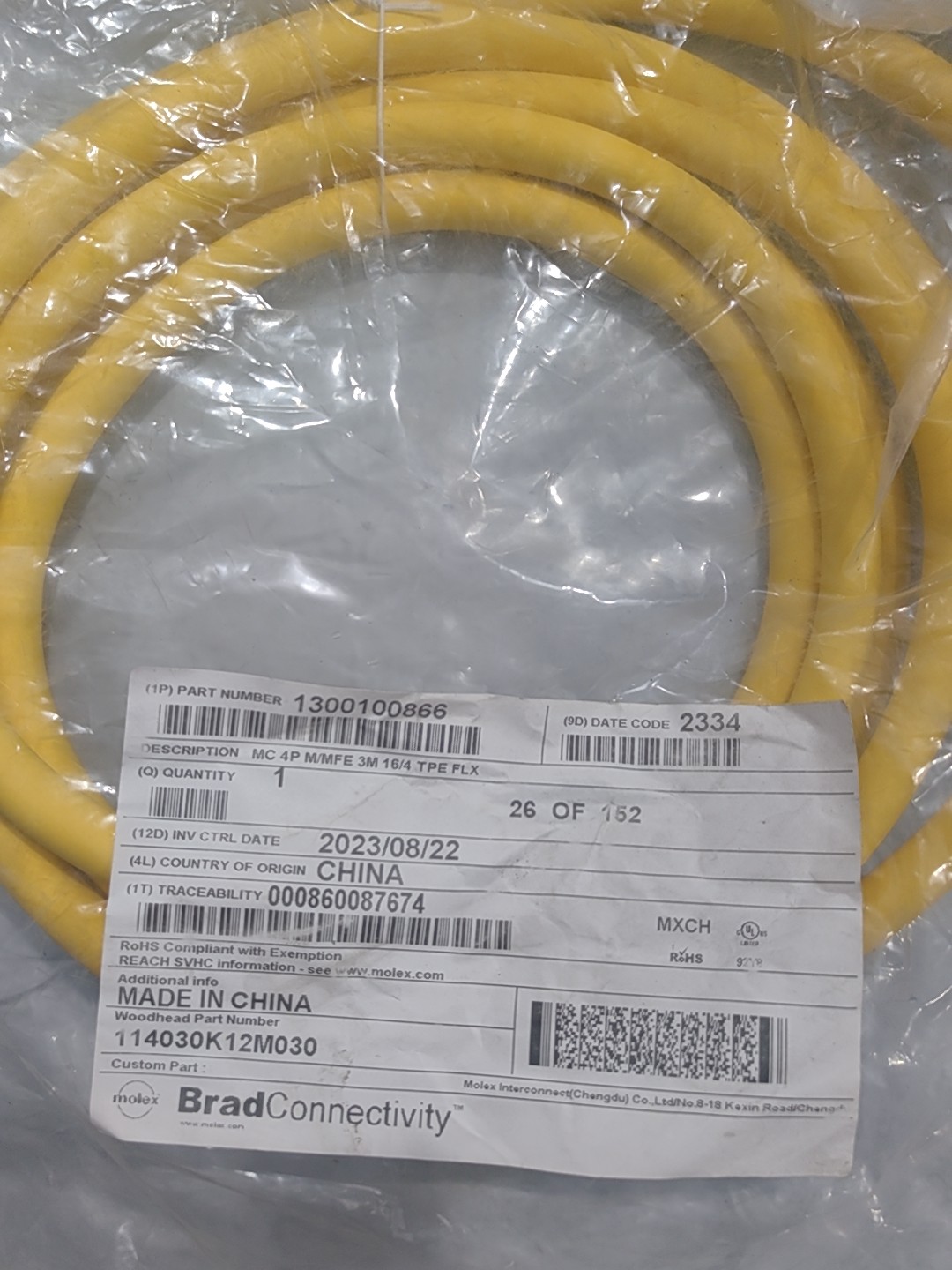 BradConnectivity 1300100866 114030K12M030 4P M/MFE 3M 16/4 TPE FLX,New and original,In stock - 图片 3